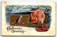 Halloween Postcard Rats Jack O'Lantern Candle Witch Image in Smoke PM 1912 picture