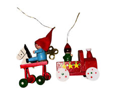 2 Vintage Wooden Christmas Ornaments Boy On Horse With Windup Key & Train Car picture