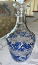 Vintage France Glass Carafe /  Decanter Blue Floral Pattern w/Clear Stopper picture