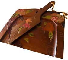 Vintage Wood Hand Carved & Tole Painted Crumb Tray & Scraper  1930-1940s Japan picture