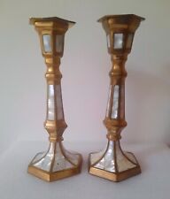 Vintage Pair Of Brass & Mother Of Pearl Candlesticks picture