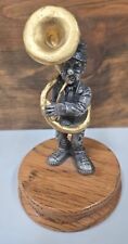 RARE VINTAGE RON LEE PEWTER FIGURINE OF MAN PLAYING TUBA WOOD BASE HOBO BAND picture