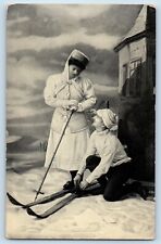 Norway Postcard Couple Skiing Romance Winter Scene c1910's Posted Antique picture