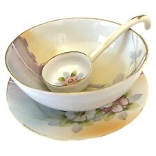 Vtg Footed Bowl Spoon Saucer 3 Piece Bone China Hand Painted Crown Nippon Floral picture