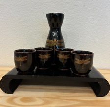 Made in Japan Miya 6 Piece Sake Set Carafe, 4 Cups & Stand BLK Dragonfly Design picture