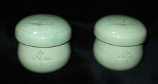 VINTAGE PAIR KOREAN CELADON COVERED TEA CUPS W/ TEA INFUSERS UNUSED AND STORED picture
