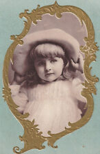 1895 Embossed Victorian Trade Card Lion Coffee Little Girl Holds Hat 5.5 x 3.5 picture