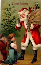 Red Robe ~Santa Claus with Praying Children~Tree~Antique Christmas Postcard~k583 picture