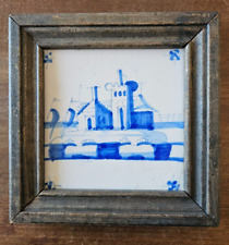 18th Antique Dutch Delft Blue Framed Tile Ships Palace Scenery picture
