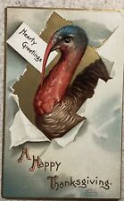 Vtg Embossed Thanksgiving Postcard Turkey With Sign A Happy Thanksgiving Signed picture
