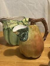 2 Vintage Ceramic Pitchers, Figural Pear Squash Shaped Pitcher Hand Painted picture