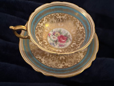 Paragon by Appointment Roses Gold Gilt Turquoise Footed Tea Cup & Saucer England picture