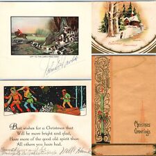 x4 LOT c1930s Christmas Greetings Cards Hound Dog Hunt XMas Mill Logging Fold 5C picture