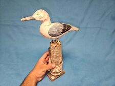 Handmade Art Wooden Pelican On Post Carved Nautical White. picture