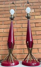 Pair Vintage 50s / 60s Atomic Wood Brass Lamps Mid Century Modern MCM Lighting picture