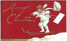 Clapsaddle Christmas Boy In White Skiing BOLD RED Background UNUSED SHARP 1910  picture