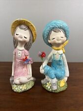 Vintage Norleans Japan Chalkware Girl And Boy Cloth Flowers Figurine 8