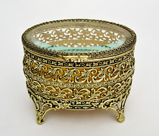 VINTAGE GOLD FILIGREE JEWELRY OVAL FOOTED BOX - BEVELED GLASS - BEAUTIFUL picture