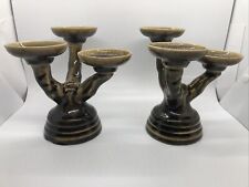 Thai Celadon Pottery Candleholders Candelabra ￼Set Of 2 Brown Vintage picture