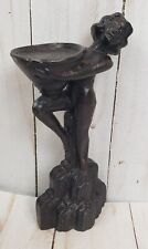 Metal Women Statue Art Deco Figurine Holding a Bowl Antique Black 6.5