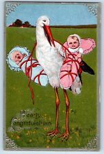 Hearty Congratulations Postcard Stork Babies Nash Embossed c1910's Antique picture