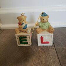 X2 Teddy Bear Christmas Ornament Sitting On Alphabet Blocks NOEL REPLACEMENT picture