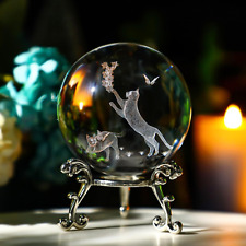 Cat Crystal Ball with Stand 60Mm 3D Engraved Decorative Glass Sphere Paperweight picture