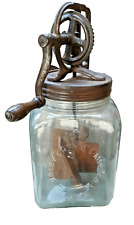 VINTAGE BLOW BUTTER CHURN 4 IMPERIAL QUARTS GLASS JAR  CHURN WOOD PADDLE AMERICA picture