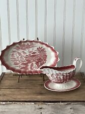 Antique Copeland Spode Pink Red Mandarin Transferware Fluted Edge Serving Dish picture