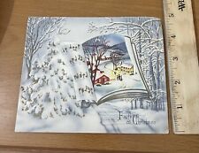 Vintage Christmas card MCM Faith music book reveals snowy homes picture