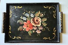 Vintage Hand painted Wood Tole Tray Black Flower Floral Handles 17