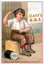 CLARK'S ONT THREAD FAST BLACK SEWING BOY HOLES IN PANTS BENCKE LITHO TRADE CARD picture