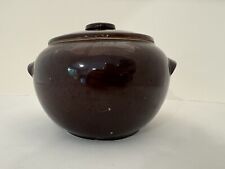 Vintage USA Brown Stoneware Lidded w/Handles Round Crock/Jar picture