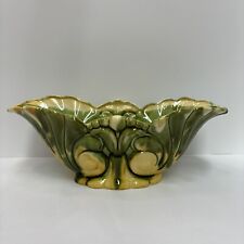 Vtg MCM Ceramic Planter Flower Pot Scalloped Rim Yellow Green Beige Drip Glazed picture