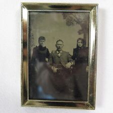 Antique Tin Type Photo Father Two Daughters in Black Mourning Theme Possibly 90s picture