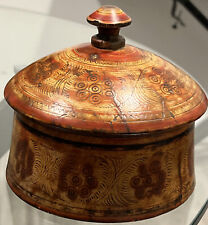 ANTIQUE Indonesian Hand Carved Elaborately Painted Wood Lidded 6 1/4” Diam. BOX picture