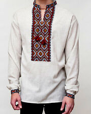 Ukrainian Vyshyvanka for man shirt beige Embroidered Linen satin stitch picture