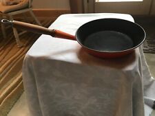 VINTAGE LE CREUSET SKILLET FRY PAN WOOD HANDLE FLAME ORANGE  9”  WIDE #24 FRANCE picture
