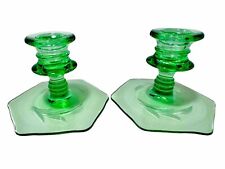 Fostoria Vintage 50's Etched Leaf Green Glass 6 Side Candle Holders Set picture