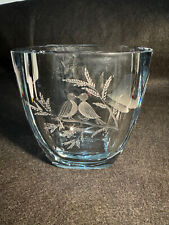 Swedish Crystal Glass Lt Blue Tint Vase Engraved Birds Sovansson 1966 markystore picture