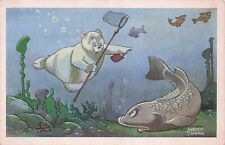 Postcard Vin (1)Polar Bear with Net talking to Fish #K1086 Series 21 UP 354 picture
