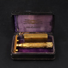 1920's Gillette New Standard Gold 3 Piece Open Comb Razor, Case, & Blade Bank picture