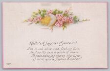 Linen~Hello~A Joyous Easter~Pink Flowers~Chick Comes Out Of Egg~PM 1924 Postcard picture