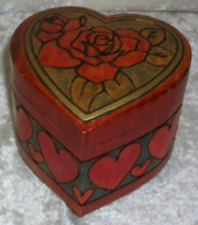Vintage Hand Carved Red Rose Flower Heart Shaped Wood Jewelry Trinket Box India picture