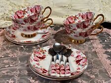 Kendal Bone China Pink Roses TEA CUPS SAUCERS + Matching Spoons w/GOLD 12pc SET picture