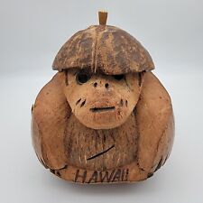 Hand Carved Coconut Monkey With Metal Glasses & Hat Hawaii Vintage Collectible picture