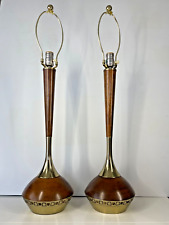 Pair MCM 1960s Tony Paul Laurel Lamp Co Genie Bottle Table Lamps Teak Brass 32” picture