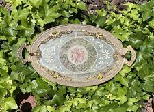 Antique Silvercraft Jeweled Footed Perfume Glass Encase Lace Dresser Vanity Tray picture