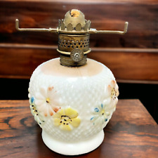 Mini Oil Lamp White Milk Glass Cosmos Flowers Kerosene Hurricane Lamp Vintage picture