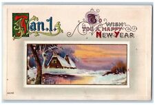 New Year Postcard Jan 1 House Winter Scene Embossed c1910's Unposted Antique picture
